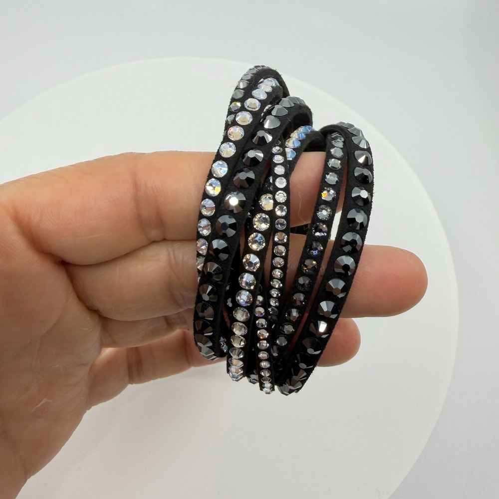 Black Suede Crystal Wrap Bracelet - Boho Sparkly Statement Jewelry